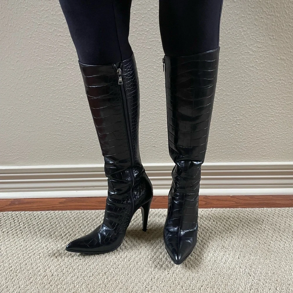 Prada Black Croc-Embossed Heeled Boots - Picture 3 of 10